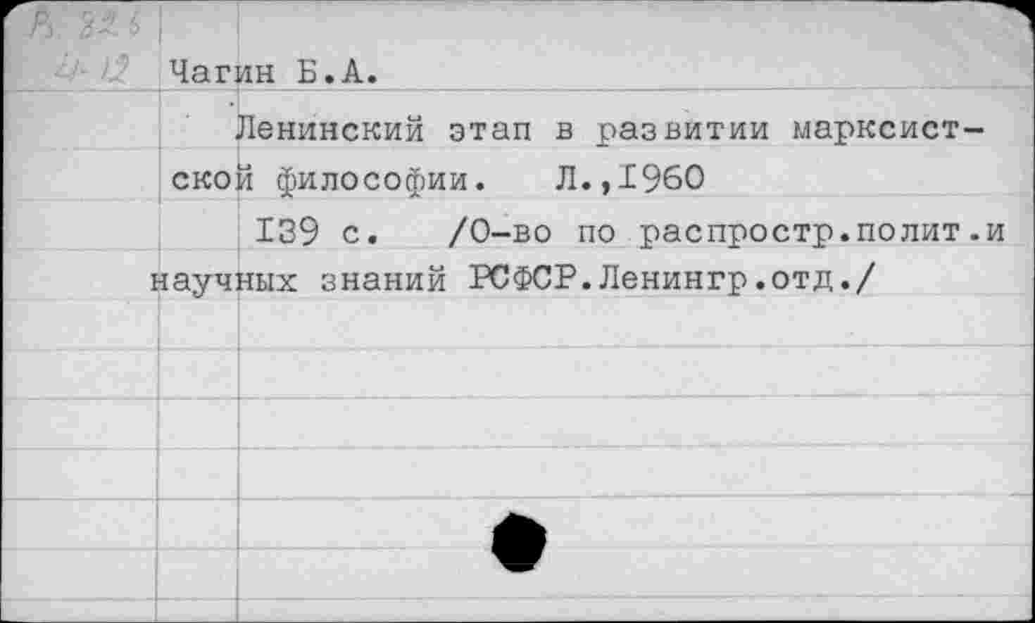 ﻿6 I
Чагин Б.А.
Ленинский этап в развитии марксист-
ской философии. Л.,1960
139 с. /0-во по распростр.полит.и научных знаний РСФСР.Ленингр.отд./